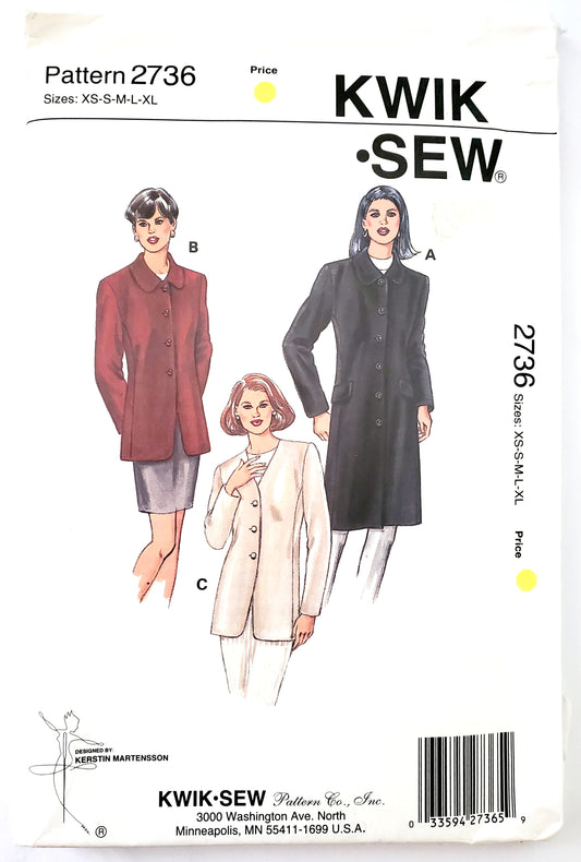 KWIK SEW 90's Sewing Pattern 2736, Semi-Fitted Jackets, Pockets with Flaps, V-Neckline, Size XS-XL