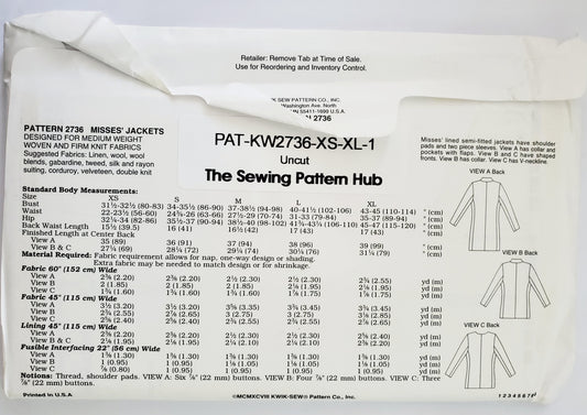KWIK SEW 90's Sewing Pattern 2736, Semi-Fitted Jackets, Pockets with Flaps, V-Neckline, Size XS-XL