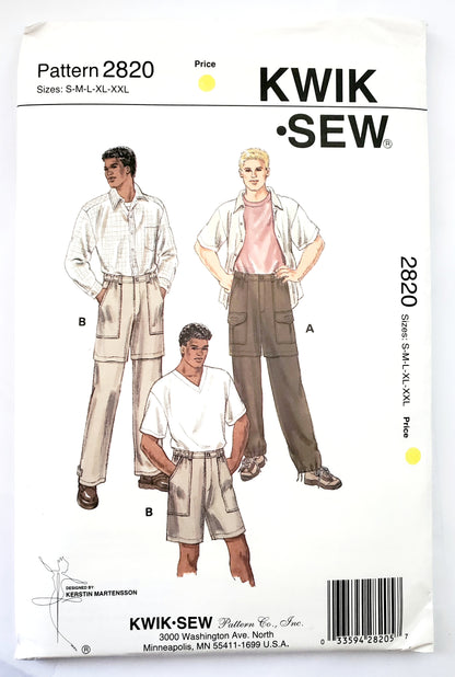 KWIK SEW 90's Sewing Pattern 2820, Men's, Pants, Convertible Pants, Cargo Style, Zip-Off Pants, Size S-XXL