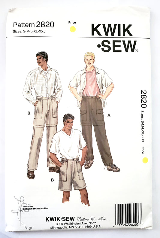 KWIK SEW 90's Sewing Pattern 2820, Men's, Pants, Convertible Pants, Cargo Style, Zip-Off Pants, Size S-XXL