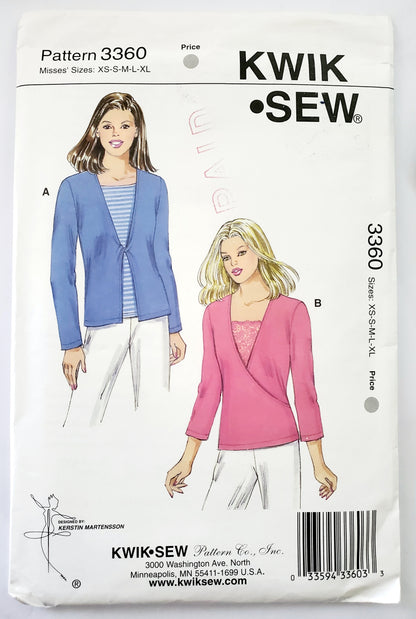 KWIK SEW Sewing Pattern 3360, Tops, Close-Fitting, Twisted Front, Lapped Front, Stretch Lace, Contrast Fabric, Size XS-XL