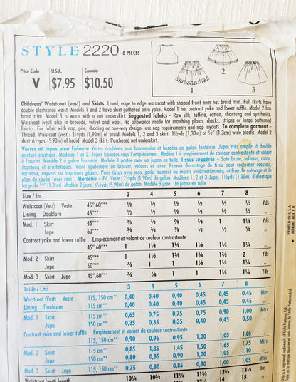 STYLE Sewing Pattern 2220, Kids, Girls, Waistcoat, Vest, Skirt, Shaped Hem, Braid Trim, Size 3-8