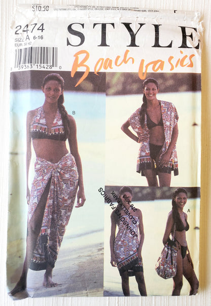 STYLE Sewing Pattern 2474, Sarong, Bikini, Halter Neck Top, Skirt, Dress, Jacket, Beach Bag, Size 6-16