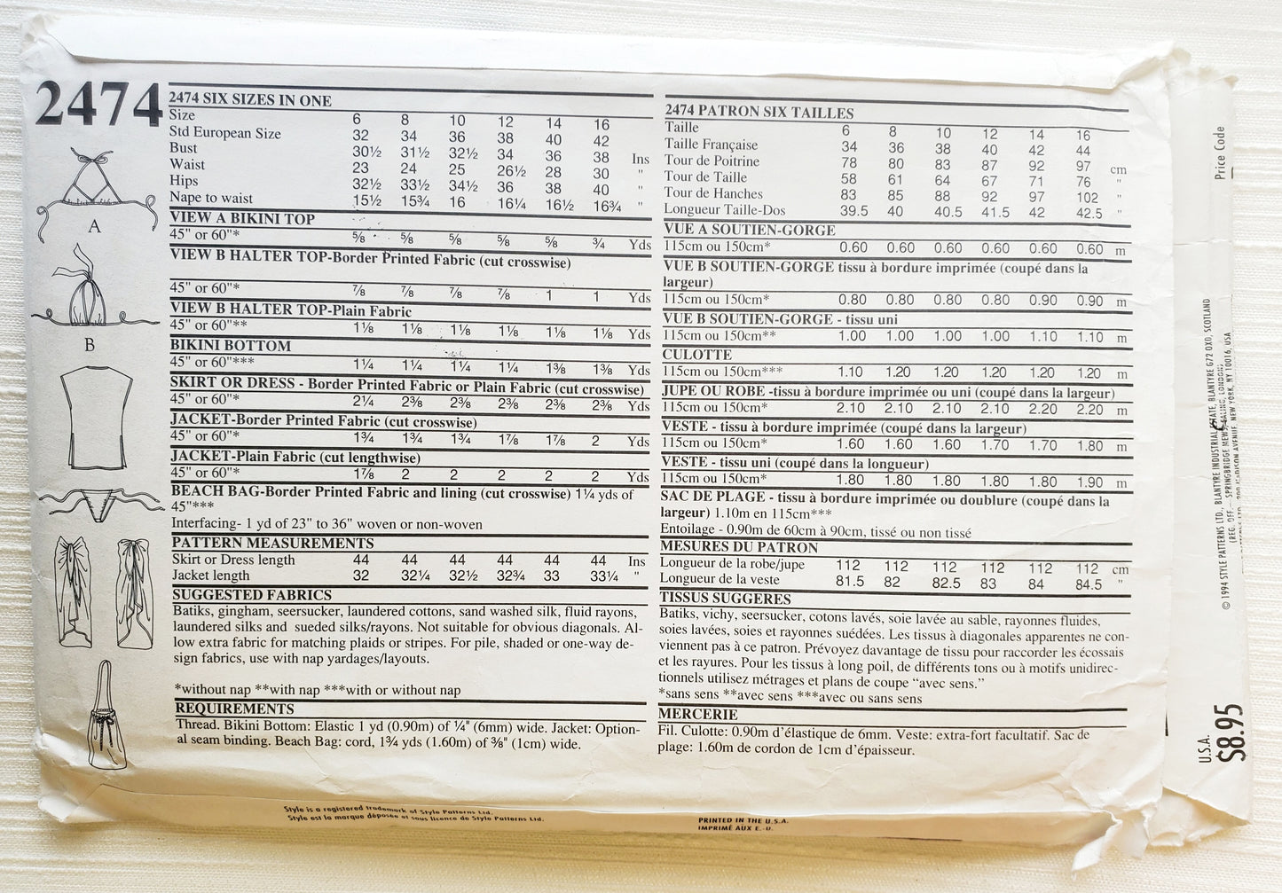 STYLE Sewing Pattern 2474, Sarong, Bikini, Halter Neck Top, Skirt, Dress, Jacket, Beach Bag, Size 6-16