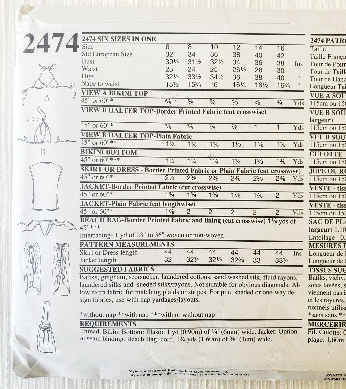 STYLE Sewing Pattern 2474, Sarong, Bikini, Halter Neck Top, Skirt, Dress, Jacket, Beach Bag, Size 6-16