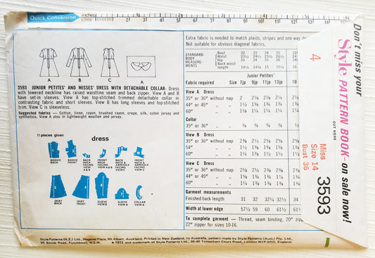 STYLE Sewing Pattern 3593, Dress, Detachable Collar, Skater Dress, Raised Waistline, Size 14
