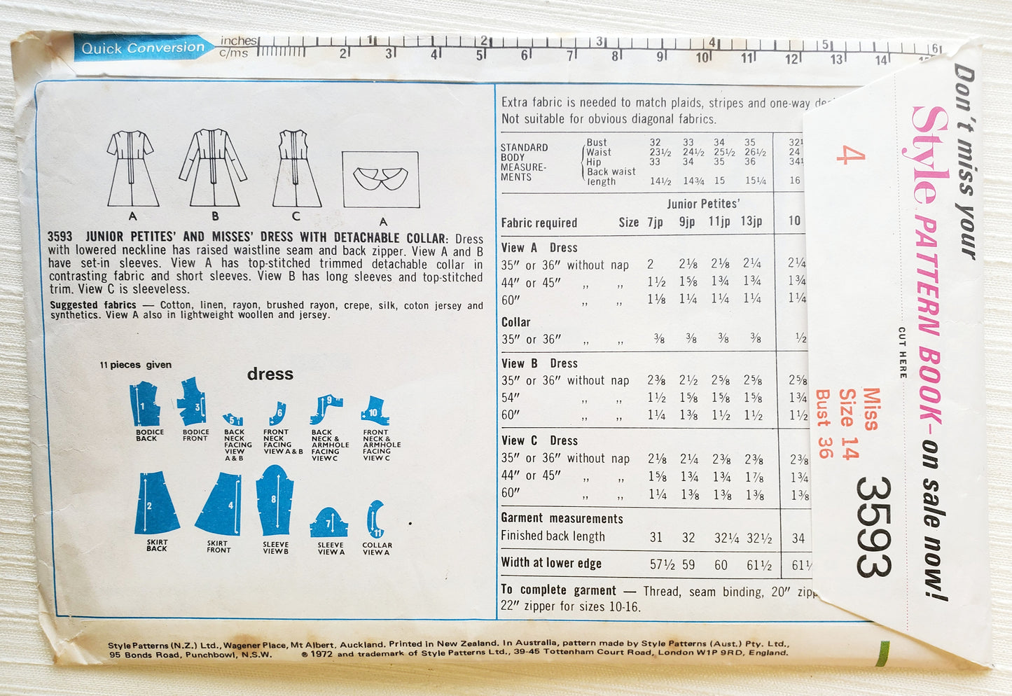 STYLE Sewing Pattern 3593, Dress, Detachable Collar, Skater Dress, Raised Waistline, Size 14