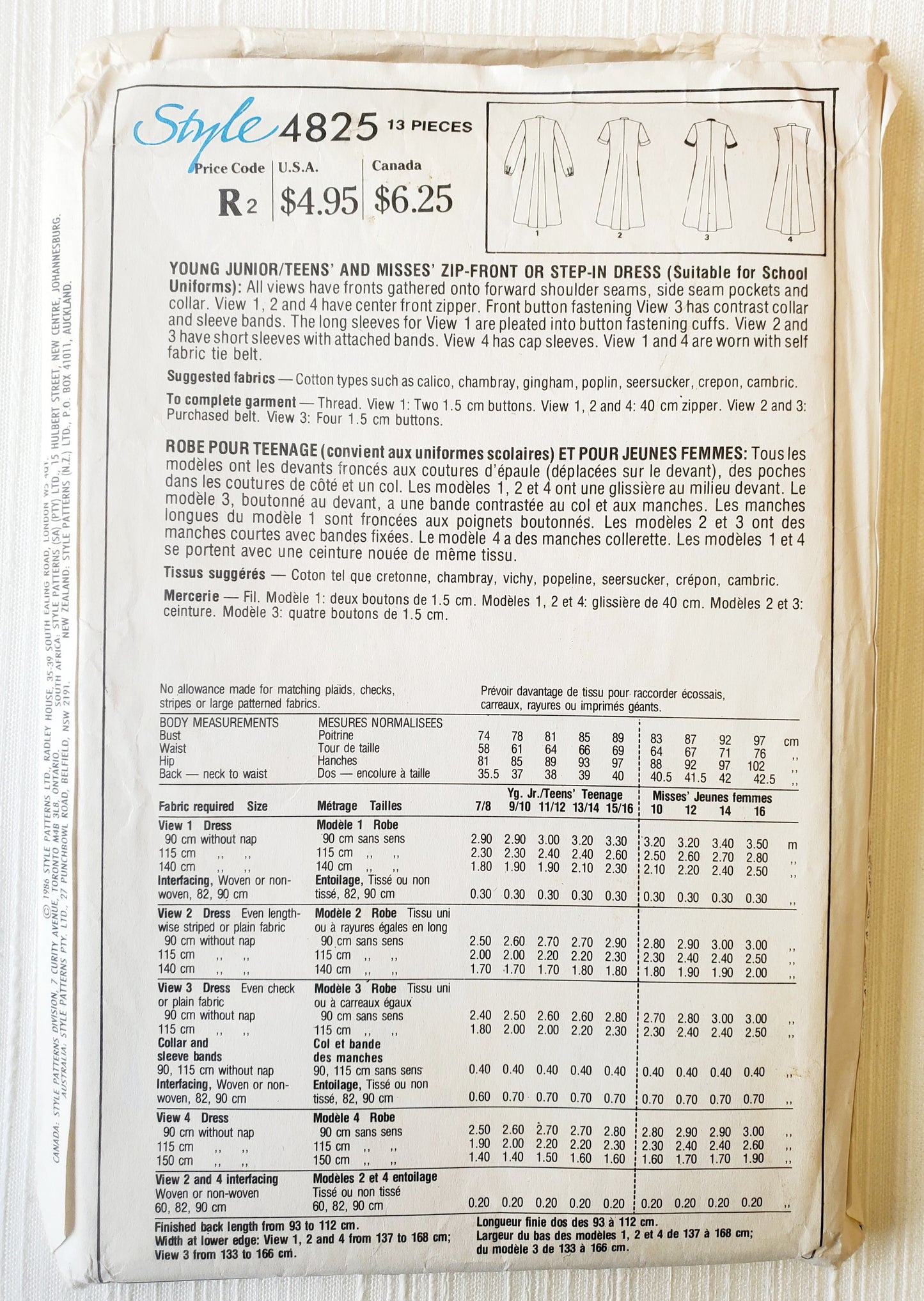 STYLE Sewing Pattern 4825, Dresses, Teen, Junior, Zip Front, Step-in-Dress, Size 13-14