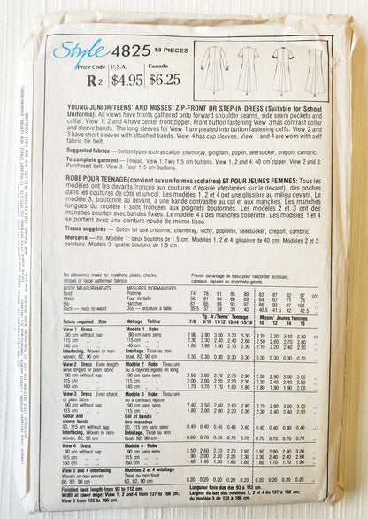 STYLE Sewing Pattern 4825, Dresses, Teen, Junior, Zip Front, Step-in-Dress, Size 13-14