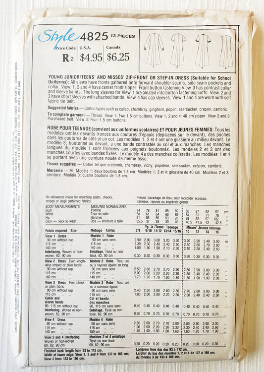 STYLE Sewing Pattern 4825, Dresses, Teen, Junior, Zip Front, Step-in-Dress, Size 13-14