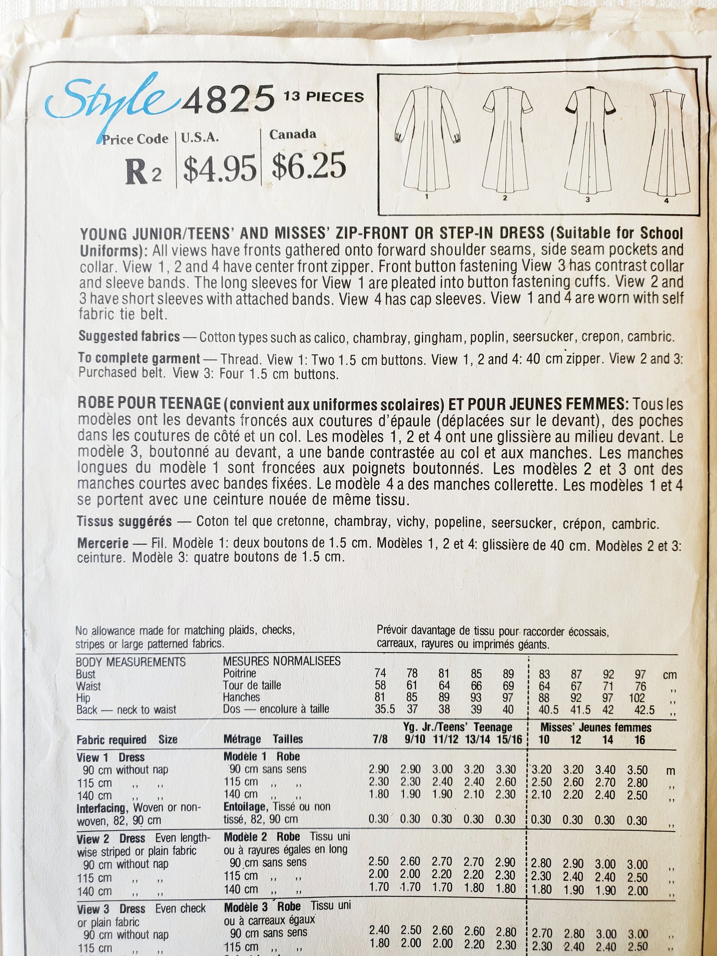 STYLE Sewing Pattern 4825, Dresses, Teen, Junior, Zip Front, Step-in-Dress, Size 13-14