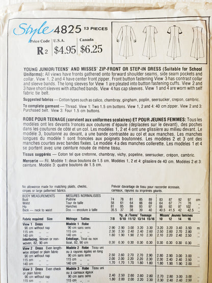 STYLE Sewing Pattern 4825, Dresses, Teen, Junior, Zip Front, Step-in-Dress, Size 13-14