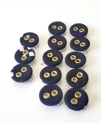 Small Black Fabric Round 2-Holed Sewing Buttons, Size 10mm, 1cm, Fabric, Metal QTY 13
