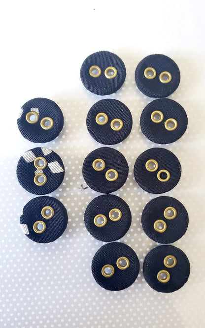 Small Black Fabric Round 2-Holed Sewing Buttons, Size 10mm, 1cm, Fabric, Metal QTY 13