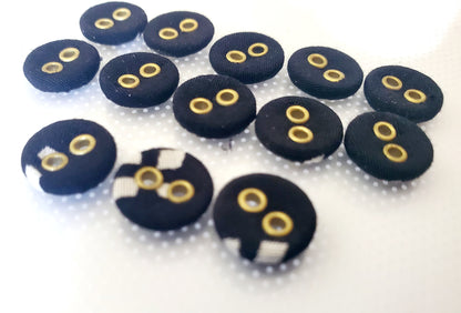 Small Black Fabric Round 2-Holed Sewing Buttons, Size 10mm, 1cm, Fabric, Metal QTY 13