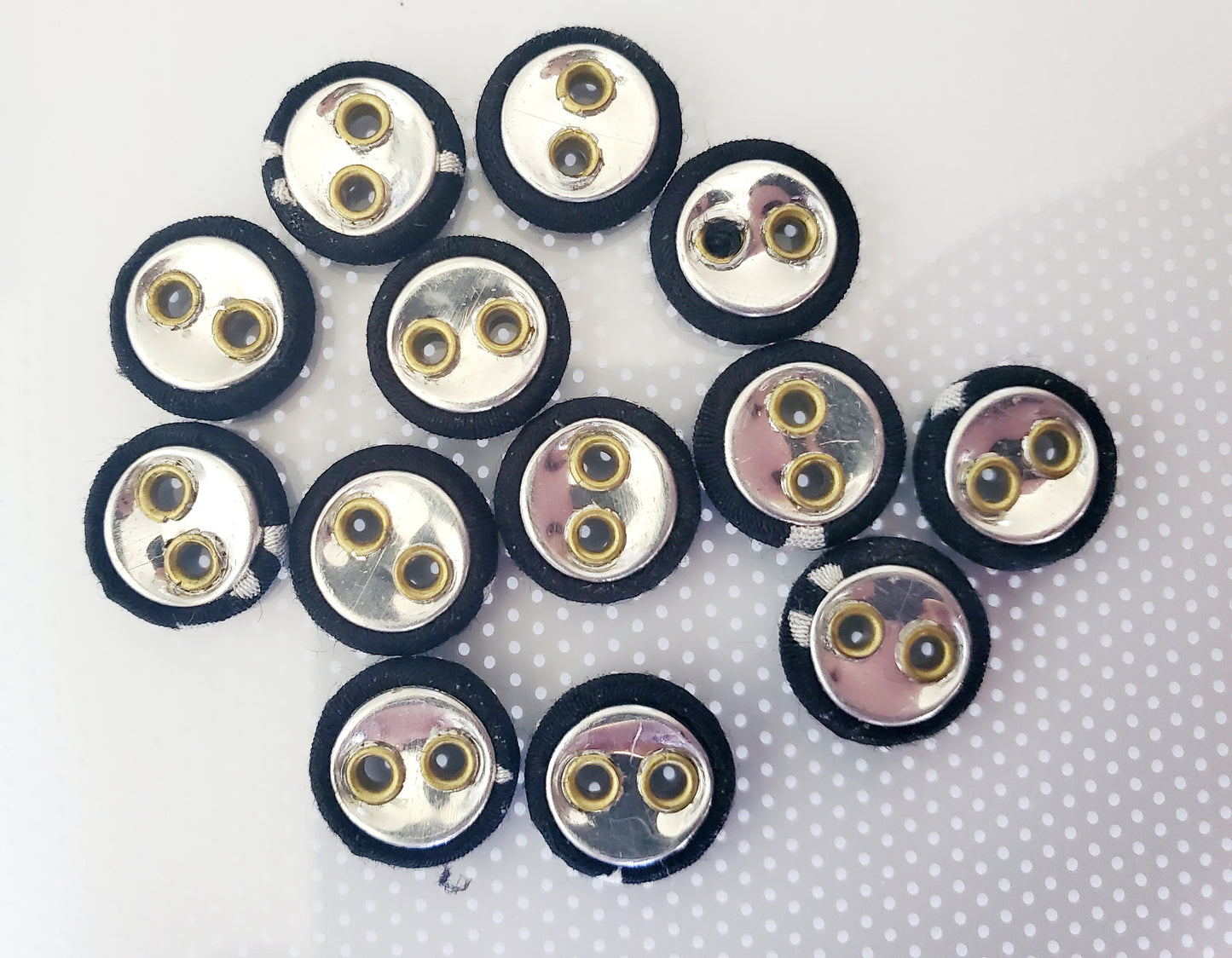 Small Black Fabric Round 2-Holed Sewing Buttons, Size 10mm, 1cm, Fabric, Metal QTY 13