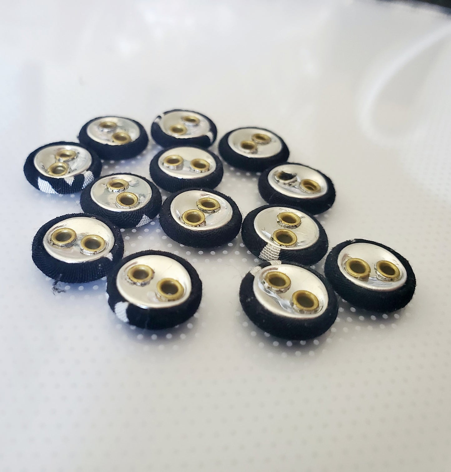 Small Black Fabric Round 2-Holed Sewing Buttons, Size 10mm, 1cm, Fabric, Metal QTY 13