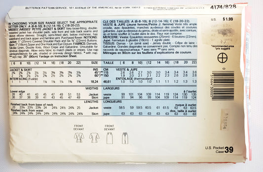 BUTTERICK, SEE & SEW, Sewing Pattern 4174, Jacket, Skirt, Double Breasted Jacket, Outfit, Size 12-16