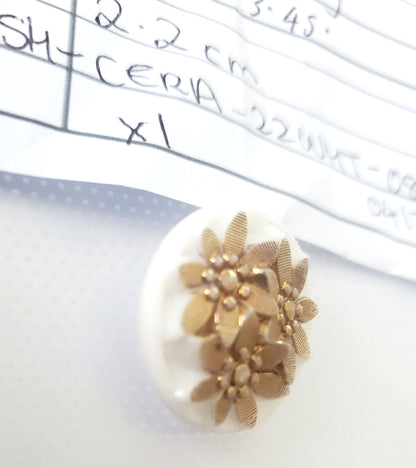 Shank Sewing Buttons, 22mm, 2.2cm, Porcelain, White, Gold, Decorative, Floral, QTY 1