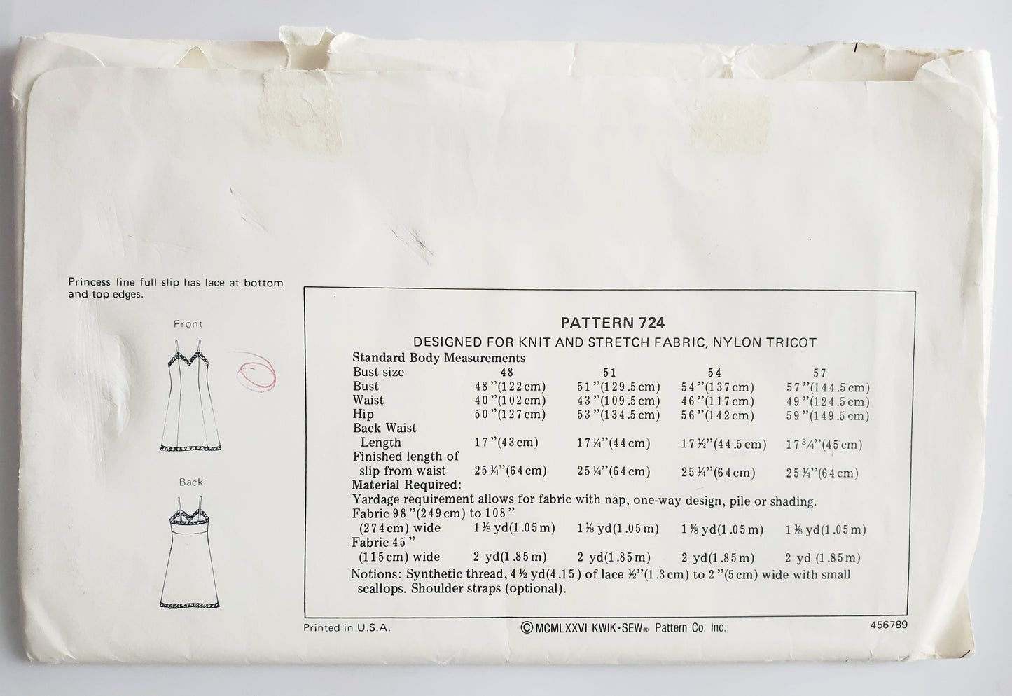 KWIK SEW Sewing Pattern 724, Full Slip, Lace, Princess Seams, Bust Sizes 48, 51, 54, 57