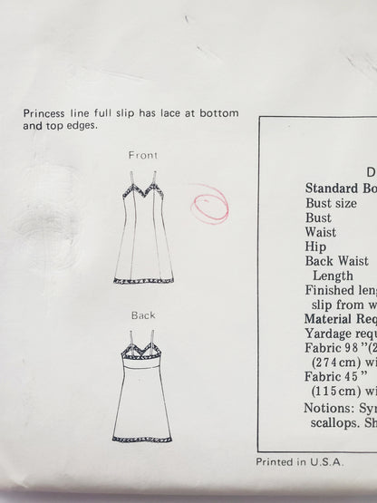 KWIK SEW Sewing Pattern 724, Full Slip, Lace, Princess Seams, Bust Sizes 48, 51, 54, 57
