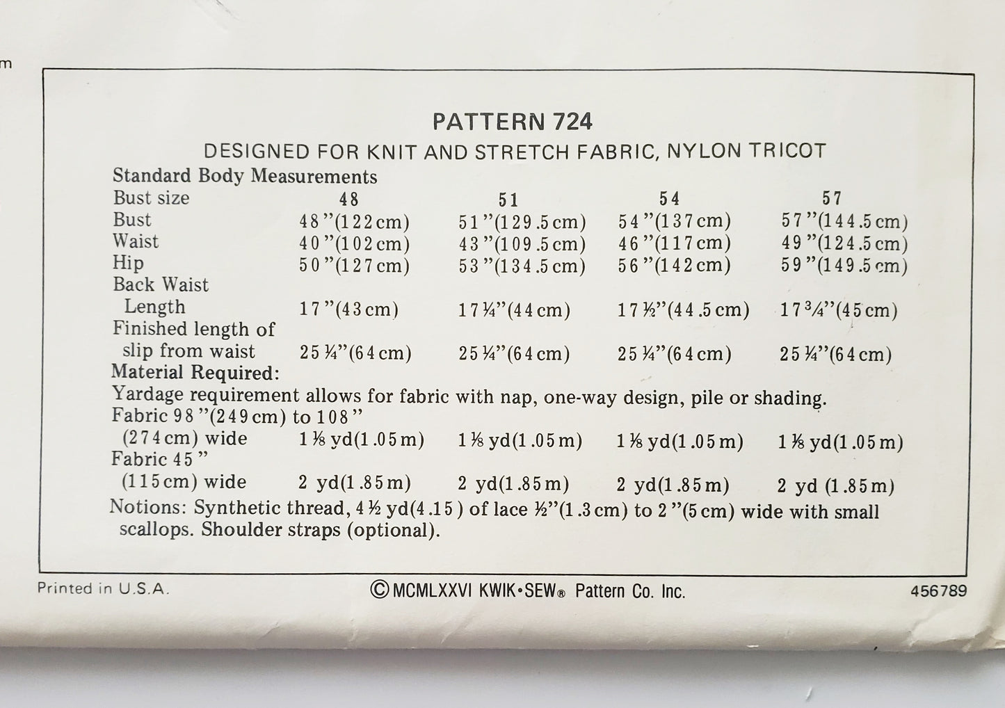 KWIK SEW Sewing Pattern 724, Full Slip, Lace, Princess Seams, Bust Sizes 48, 51, 54, 57
