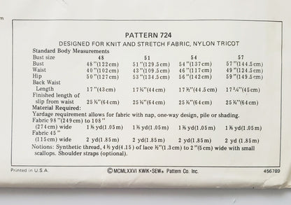 KWIK SEW Sewing Pattern 724, Full Slip, Lace, Princess Seams, Bust Sizes 48, 51, 54, 57