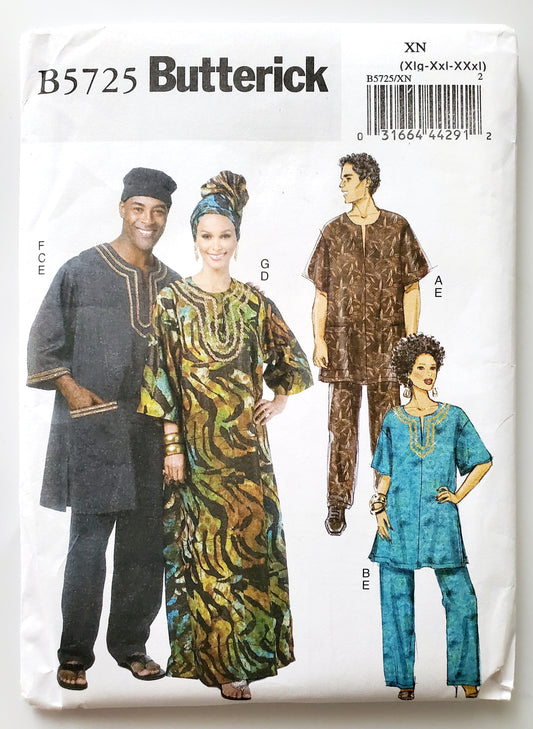 BUTTERICK Sewing Pattern B5725, Mens Womens Tunic Caftan Pants, Hat Head Wrap XLG- XXXL