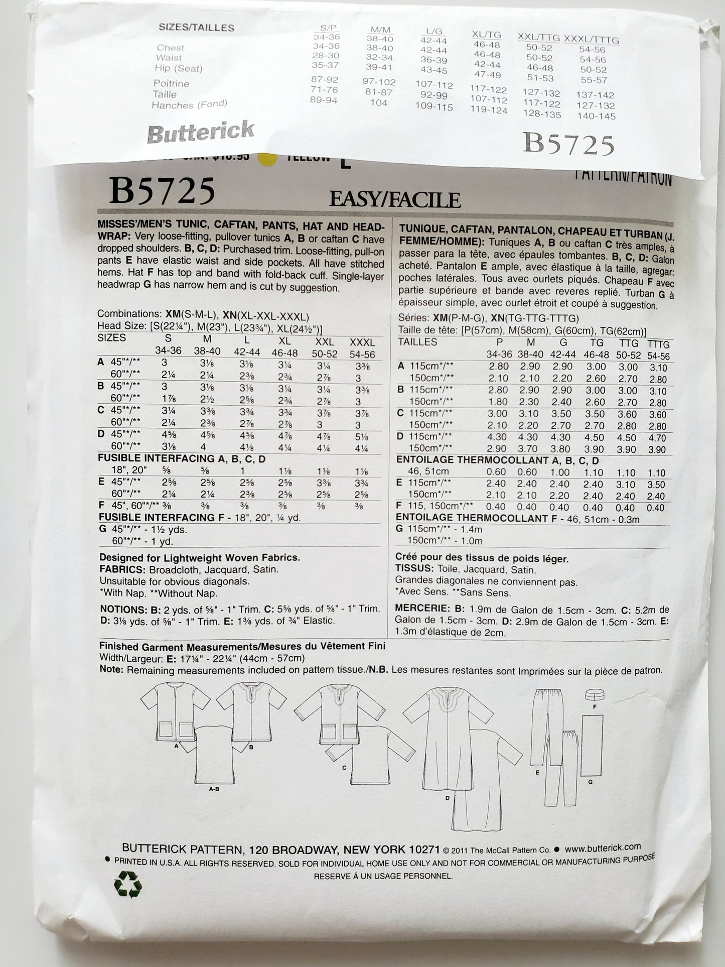 BUTTERICK Sewing Pattern B5725, Mens Womens Tunic Caftan Pants, Hat Head Wrap XLG- XXXL