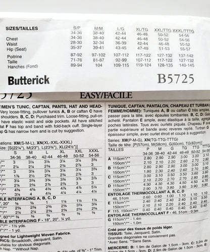 BUTTERICK Sewing Pattern B5725, Mens Womens Tunic Caftan Pants, Hat Head Wrap XLG- XXXL