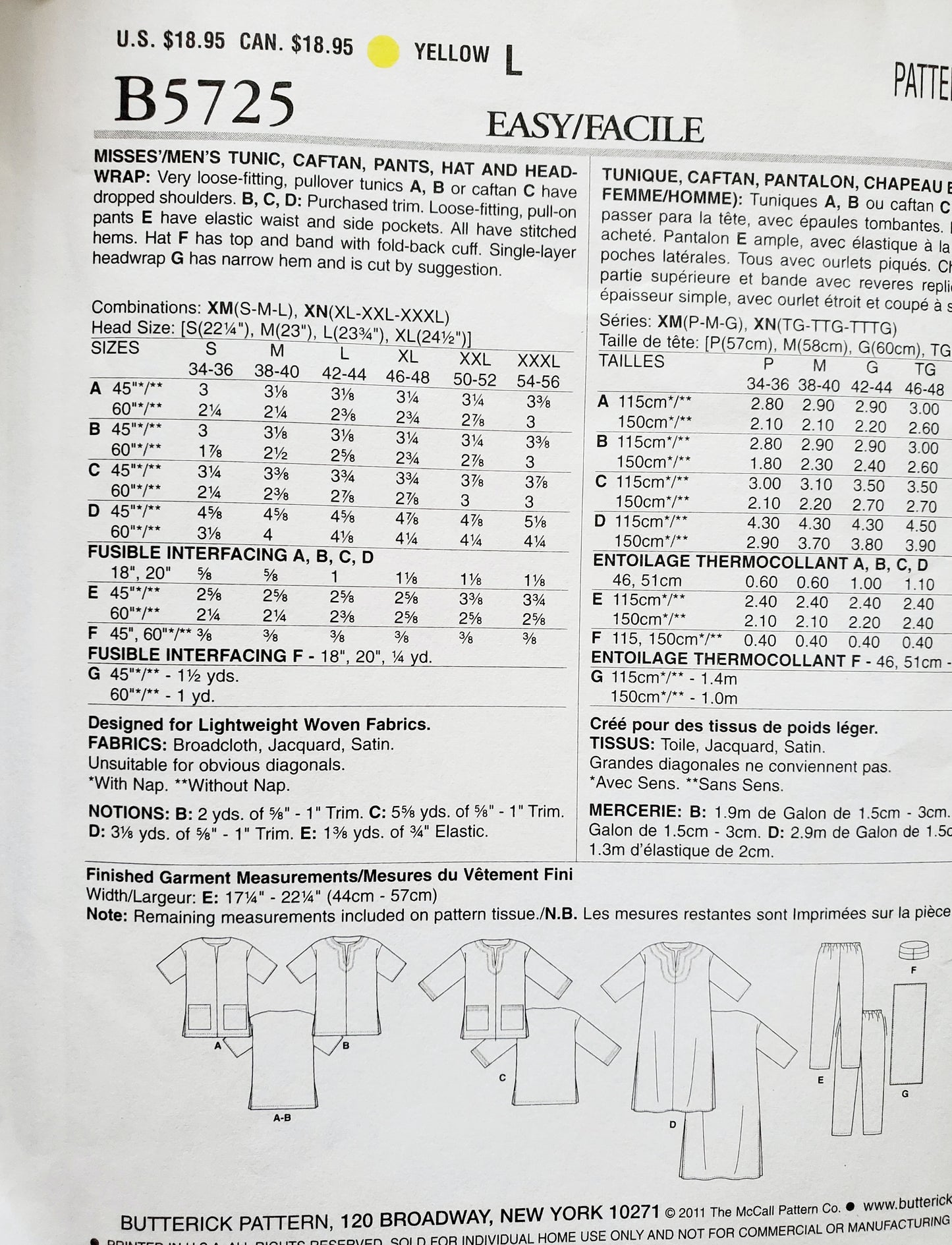 BUTTERICK Sewing Pattern B5725, Mens Womens Tunic Caftan Pants, Hat Head Wrap XLG- XXXL