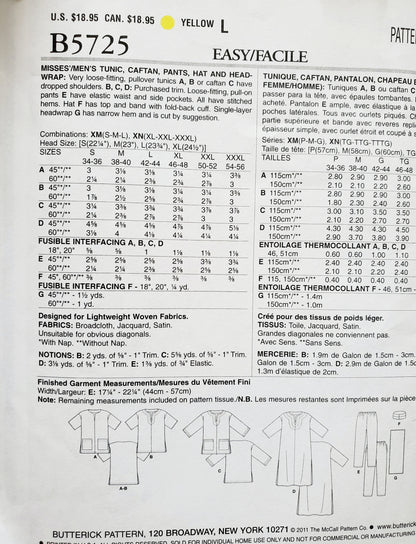 BUTTERICK Sewing Pattern B5725, Mens Womens Tunic Caftan Pants, Hat Head Wrap XLG- XXXL
