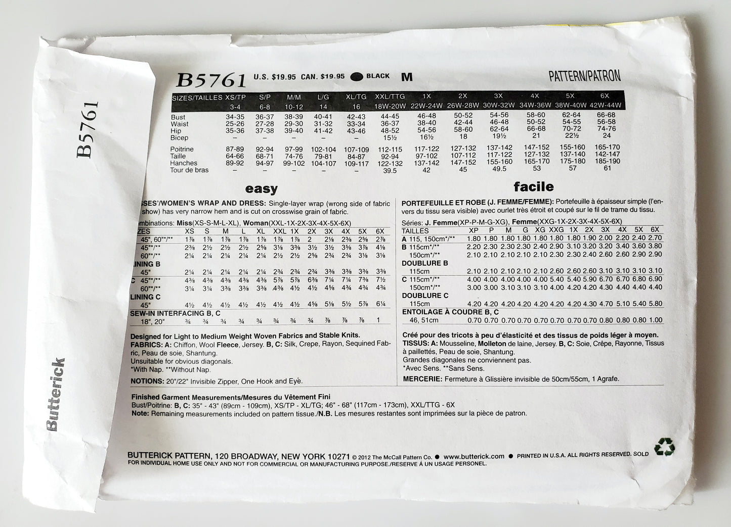 BUTTERICK Sewing Pattern B5761, Womens Wrap Dress Plus Size 18-44