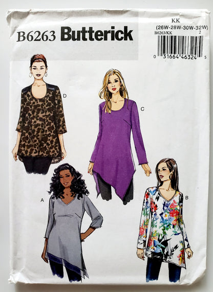 BUTTERICK Sewing Pattern B6263, Tunic, Long Tops, Uneven Hem, Variations, Plus Size 26-32