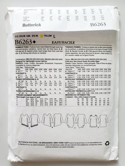 BUTTERICK Sewing Pattern B6263, Tunic, Long Tops, Uneven Hem, Variations, Plus Size 26-32