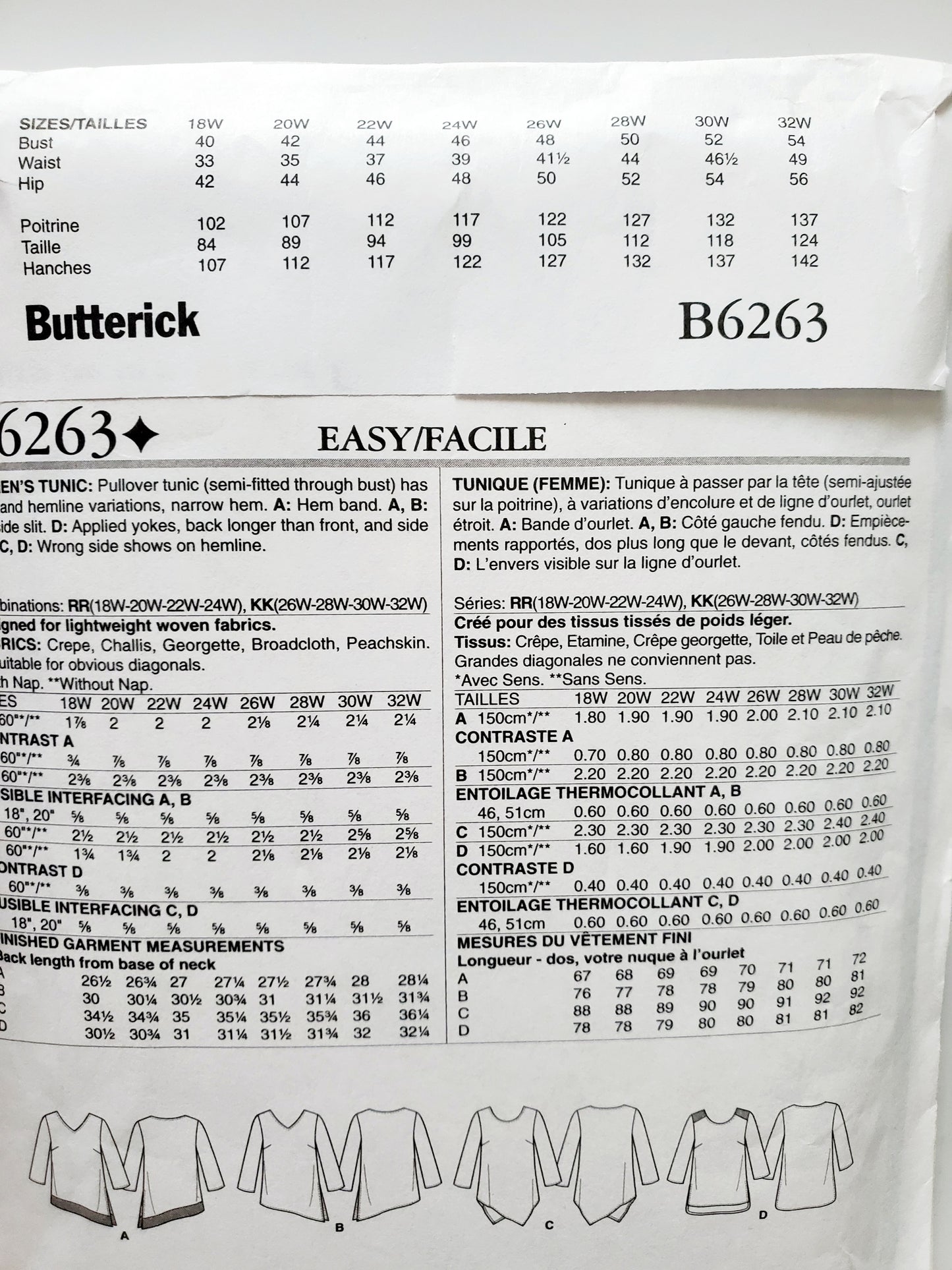 BUTTERICK Sewing Pattern B6263, Tunic, Long Tops, Uneven Hem, Variations, Plus Size 26-32