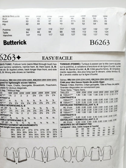 BUTTERICK Sewing Pattern B6263, Tunic, Long Tops, Uneven Hem, Variations, Plus Size 26-32