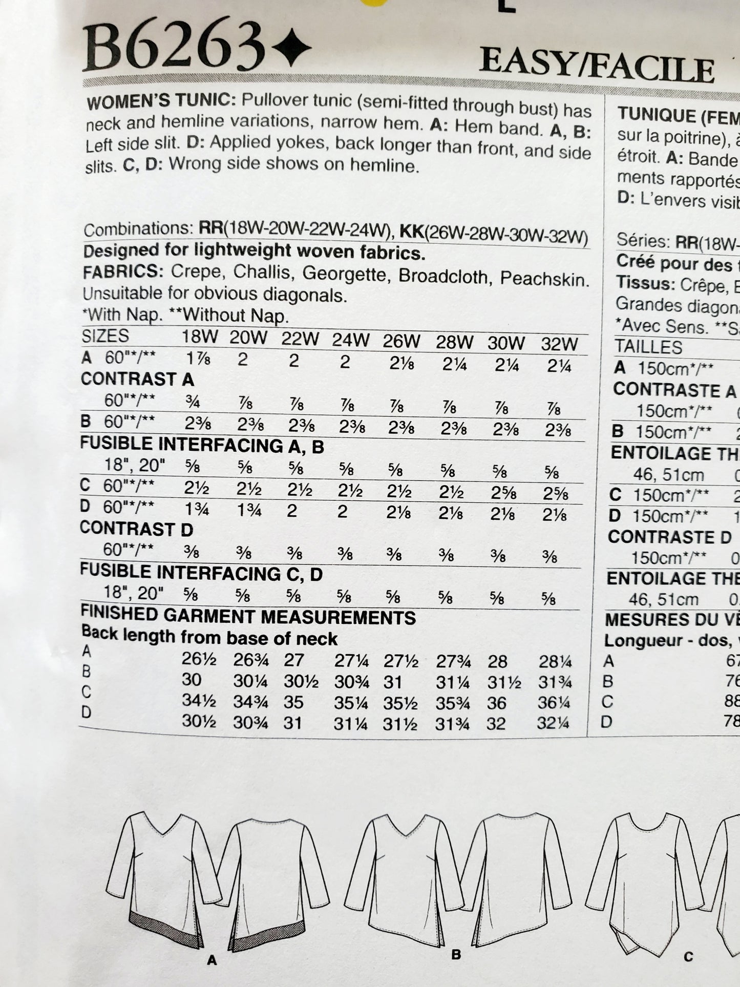 BUTTERICK Sewing Pattern B6263, Tunic, Long Tops, Uneven Hem, Variations, Plus Size 26-32