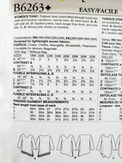 BUTTERICK Sewing Pattern B6263, Tunic, Long Tops, Uneven Hem, Variations, Plus Size 26-32