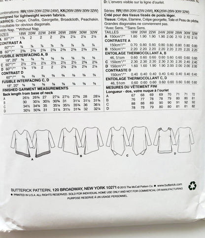 BUTTERICK Sewing Pattern B6263, Tunic, Long Tops, Uneven Hem, Variations, Plus Size 26-32