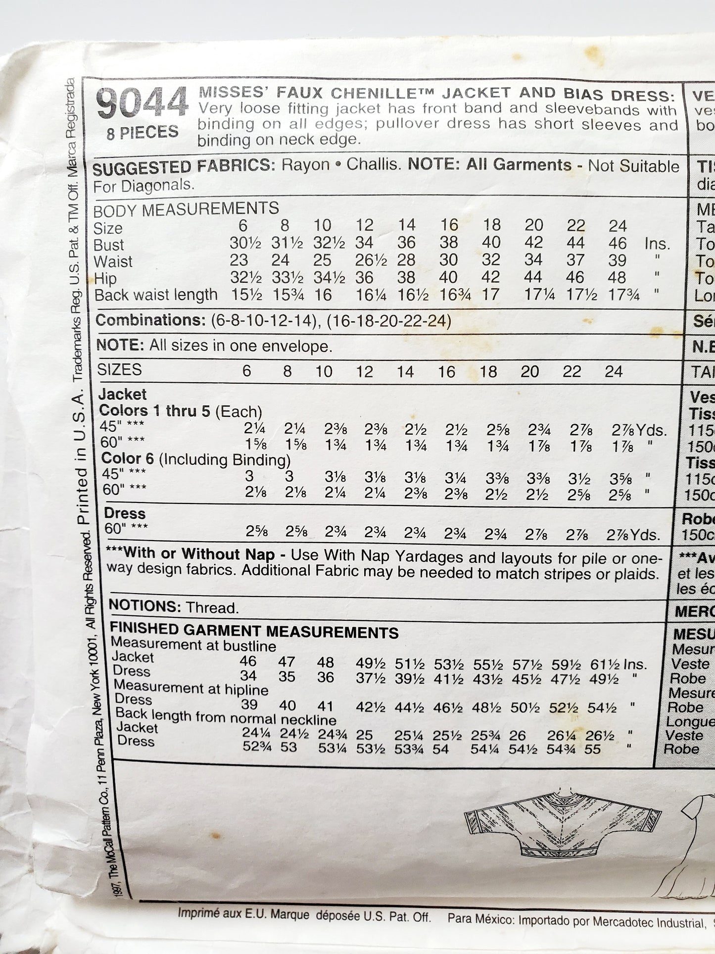 MCCALLS Sewing Pattern 9044, Faux Chenille, Jacket, Dress, Size 6-24