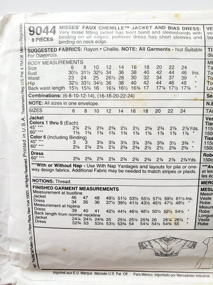 MCCALLS Sewing Pattern 9044, Faux Chenille, Jacket, Dress, Size 6-24