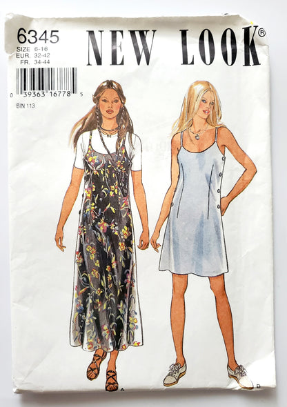 New Look sewing pattern 6345 with two models wearing 90's slip dresses
