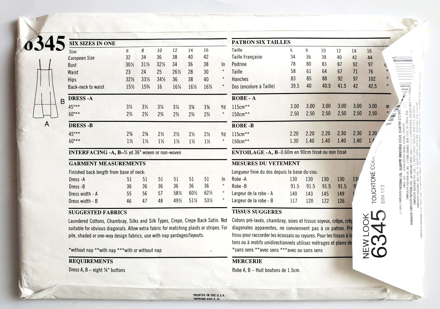 NEW LOOK Sewing Pattern 6345, 90's Slip Dress Style Buttons Down Sides Size 6-16