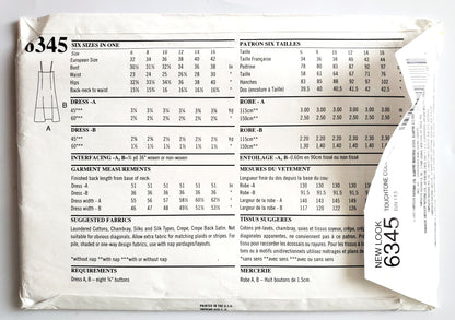 NEW LOOK Sewing Pattern 6345, 90's Slip Dress Style Buttons Down Sides Size 6-16
