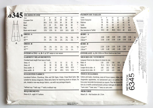 NEW LOOK Sewing Pattern 6345, 90's Slip Dress Style Buttons Down Sides Size 6-16