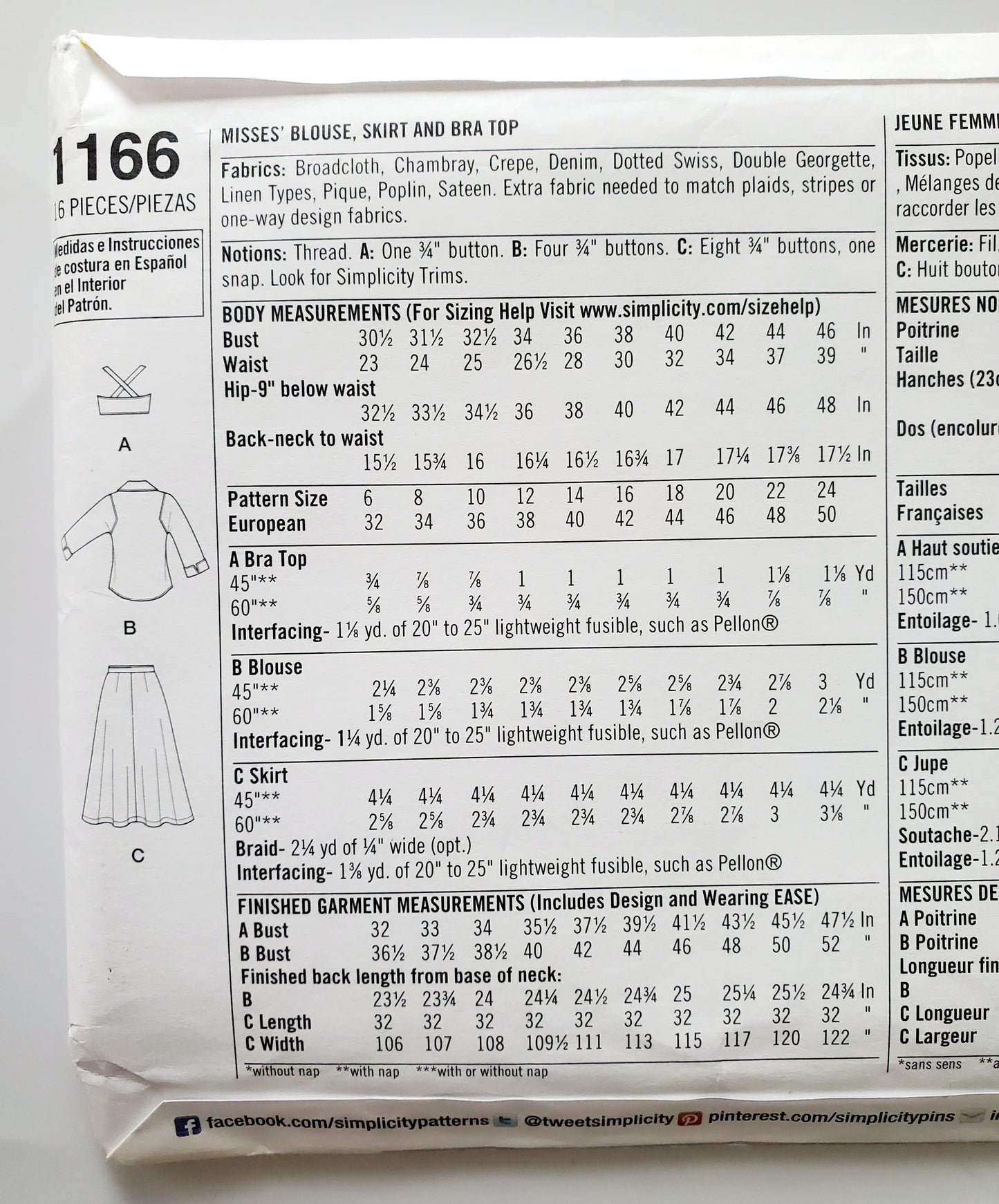 SIMPLICITY Sewing Pattern 1166, Blouse, Top, Skirt, Bra Top, Size 6-24