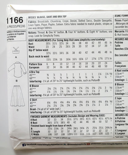 SIMPLICITY Sewing Pattern 1166, Blouse, Top, Skirt, Bra Top, Size 6-24