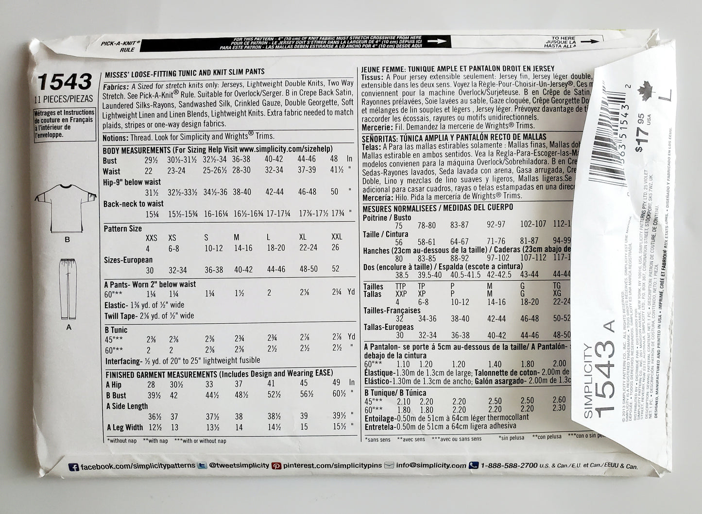 SIMPLICITY Sewing Pattern 1543, Long Top, Long Tunic, Knit Pants, Pants, Close Fitting, Size 4-26