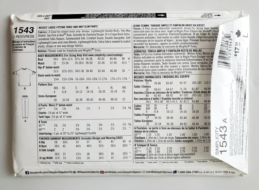 SIMPLICITY Sewing Pattern 1543, Long Top, Long Tunic, Knit Pants, Pants, Close Fitting, Size 4-26